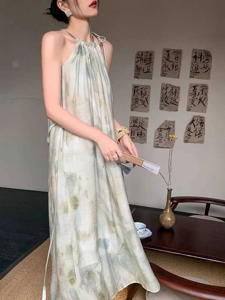 Summer Materni Maxi Dress Sleeveless Halter Collar Loose Casual Pregnant Woman Holiday Clothes Plus Size Pregnancy Beach DressXJ241213