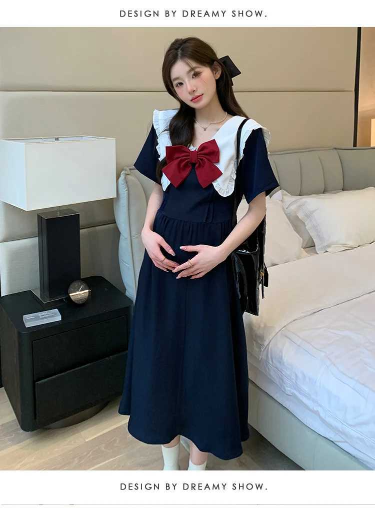 Summer Preppy Sle Bowknot Sailor Collar Materni A-line Dress Fashion Long Loose Pregnant Woman Preppy Sle Dress WholesaleXJ241213