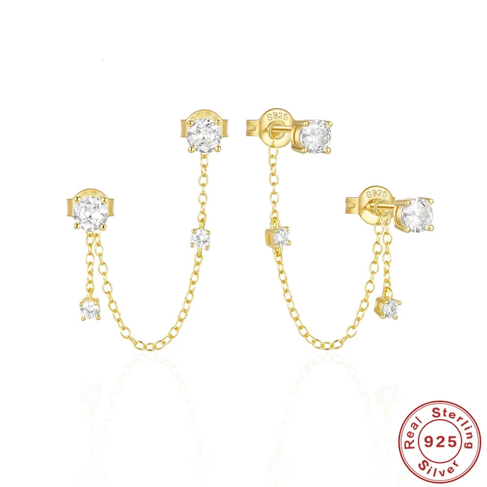 AIDE 925 Sterling Silver Double Ear Studs Tassel Chains Hanging Earrings for Women Ear Piercing Shiny Square Zircon Jewelry 241214