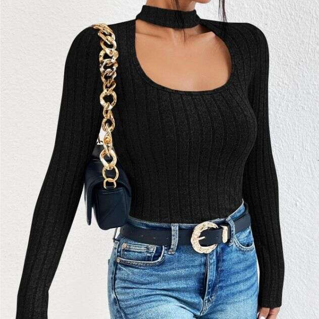 European American style 2023 autumn new item, high-end and personalized neck, U-neck, long sleeved, pit stripe, fleece knit T-shirt for women