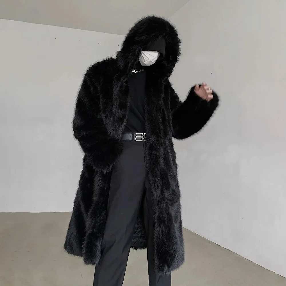 Mens Jacket Warm Furry Imitation Fur Coat Winter Fashion British Versatile Thick Medium Long Hooded Sweater Mens Clothing 2024 W241213