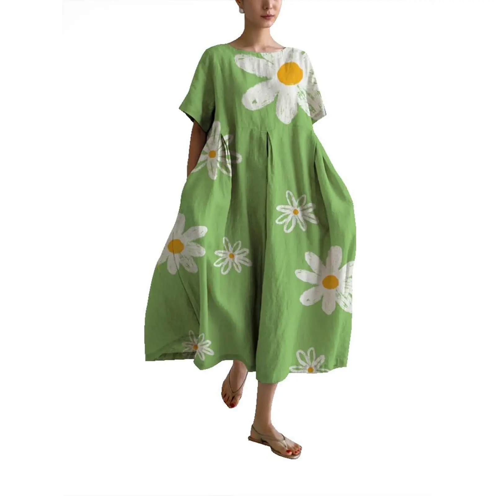 Summer European and American Womens Loose Round Neck Elegant Fashion High end Short Sleeve Printed Dress 241212