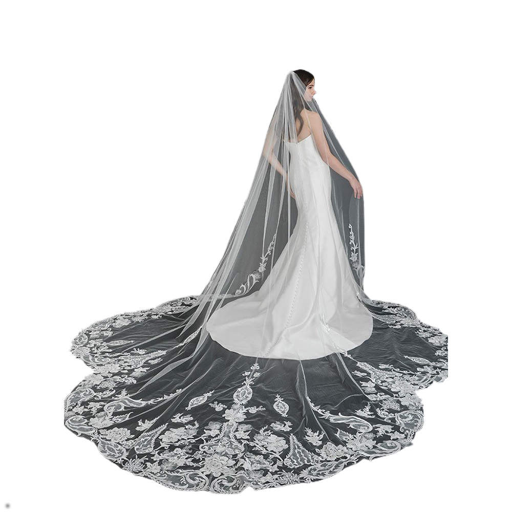 New Fashio BridalVeils Luxurious White Ivory Cathedral Long Voile Mariage Lace Tulle With Comb Bride Accessories Lace Appliques