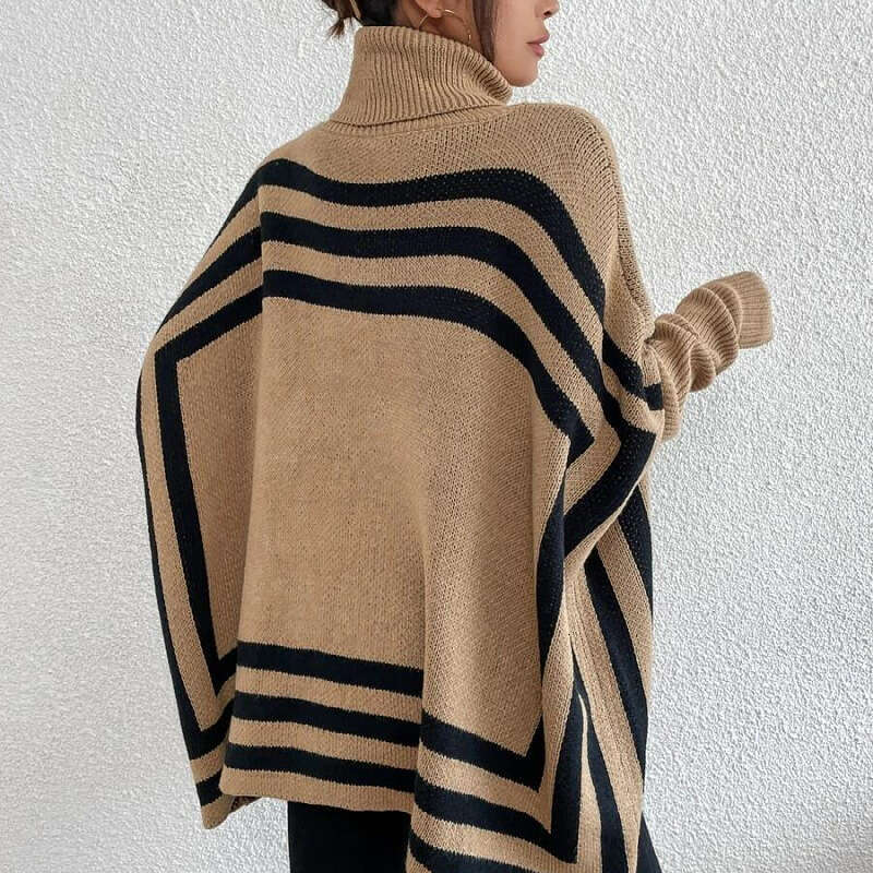 2024 European and American Foreign Trade Knitted Women's Wear High Collar Striped Bat Sleeve Cloak Shawl Sweater Coat for Women