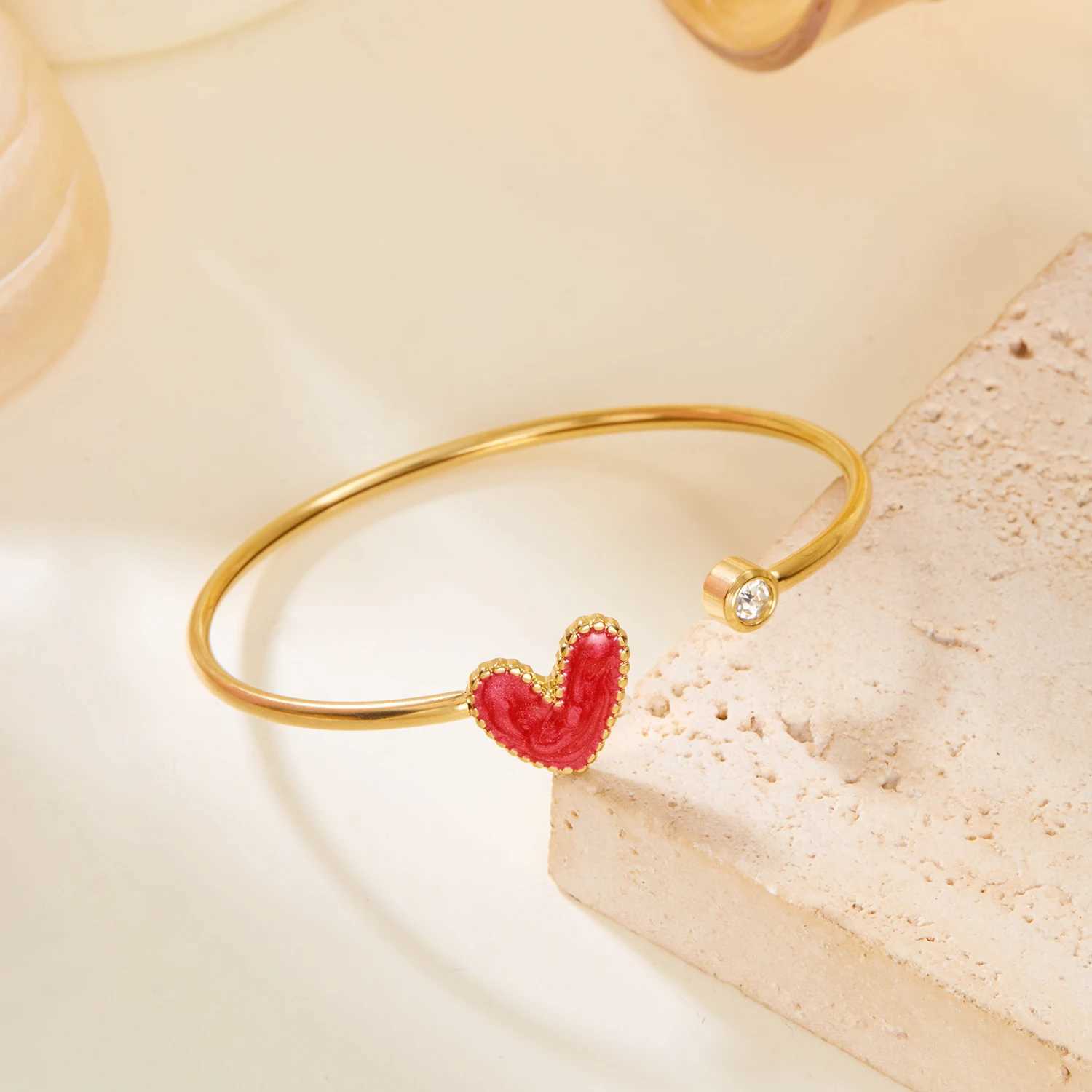 Stainl Steel Heart She Open Bracelet For Women Gold Plated Crystal Zircon Exquisite Open Bangle Waterproof JewelryXJ241214