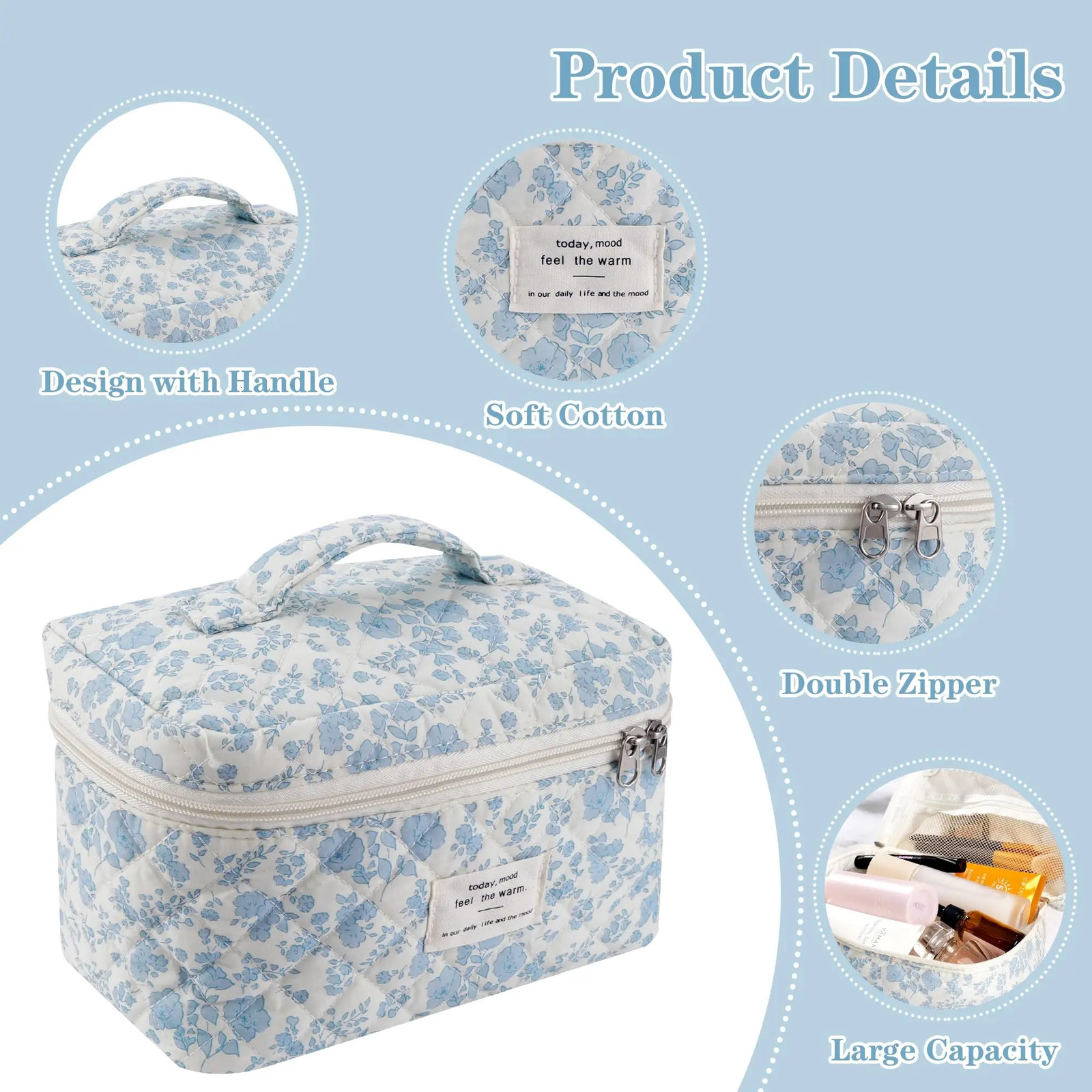 3-Piece Cotton Quilted Makeup Bag Set for Women Zipper Makeup Organizer Womens Bag Handbag Portable Womens Toilet Cover 241212