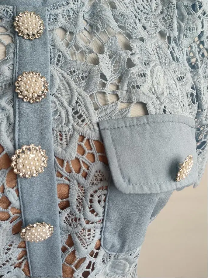 Casual Dresses A-Line Sexy Summer Holiday Party Prom Blue Lace Embroidery Short Dress Women Diamonds Button Mini Vestidos Female Qua