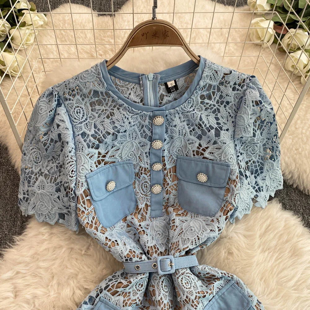 Casual Dresses Summer Quality Summer Embroidery Fishtail Short Evening Prom Dress Women Blue Beaded Button Ruffle Belt Mini Party Flower Dresses Brand