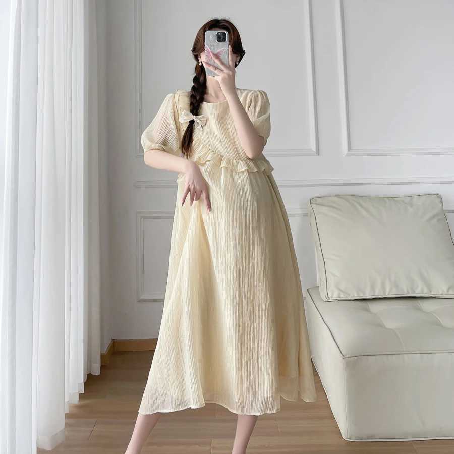Summer Materni Long Par Dress Sweet Ruffles Patchwork Puff Sleeve O-neck Pregnant Woman Pleated Mesh Dress Princess DressesXJ241213