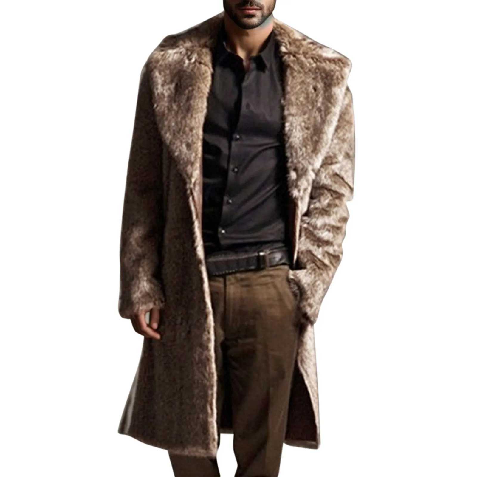 Fashion Black Faux Fur Jacket Men 2024 Winter Brand New Faux Leather Long Parka Warm Overcoat Men Luxury Fur Punk Outwear W241213