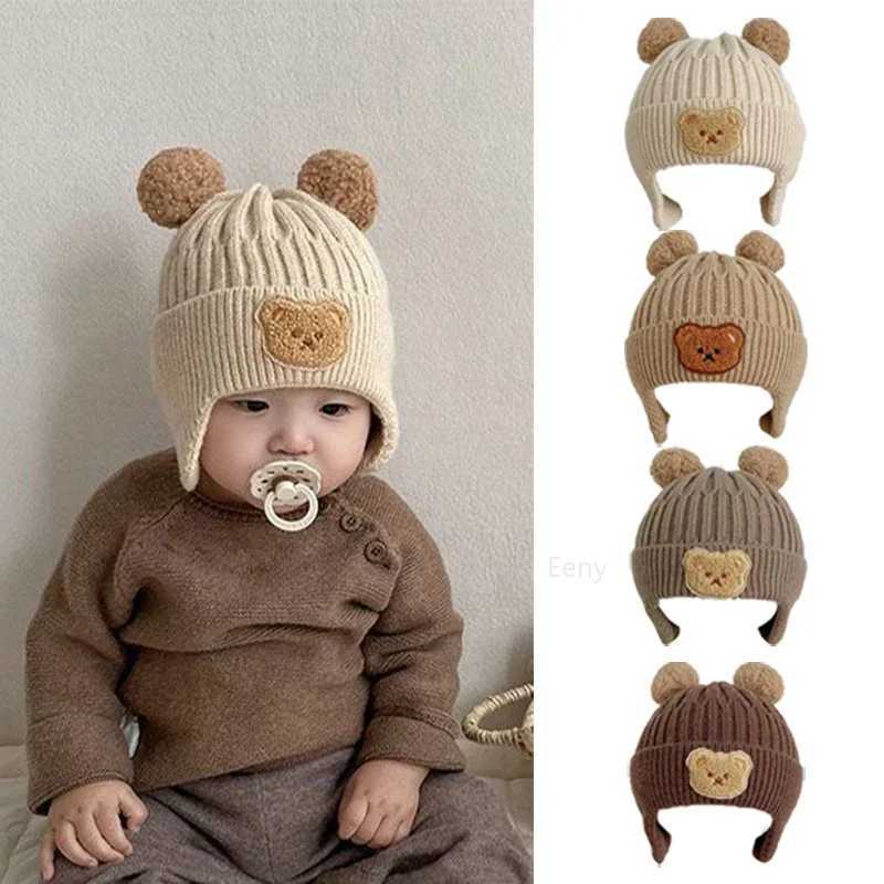 Winter Baby Bunny Hat Bear Ear Protective Knitted Hat Cute Korean Warm Childrens Hook Knitted Hat Gorros for Preschool Boys and Girls W241213