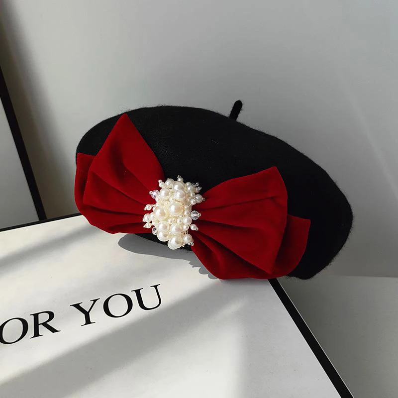 Womens autumn and winter black wool lacquered hat large velvet bow elegant pea fashion sweet artist beret 241210