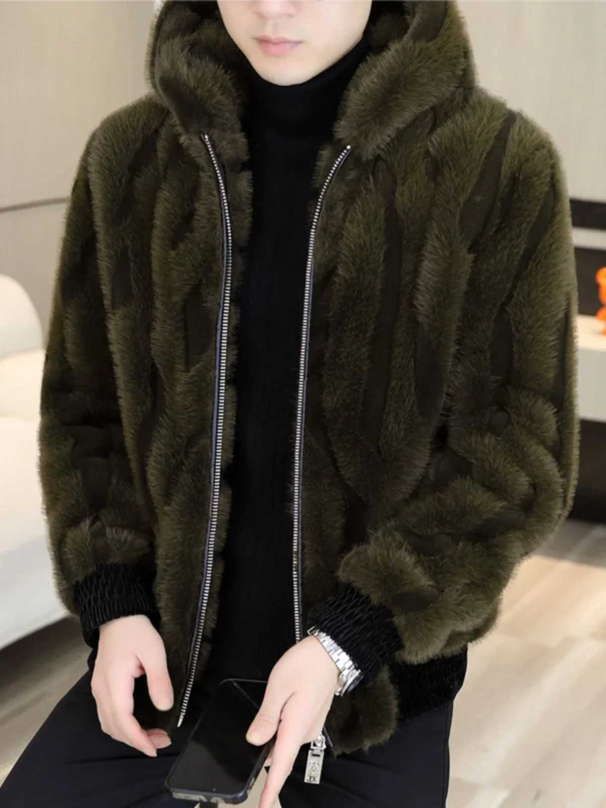 2024 Winter Men New Faux Fur Hooded Coats Mens Korean Thick Warm Short Jackets Male Solid Color Imitation Fur Outerwear G62 W241213