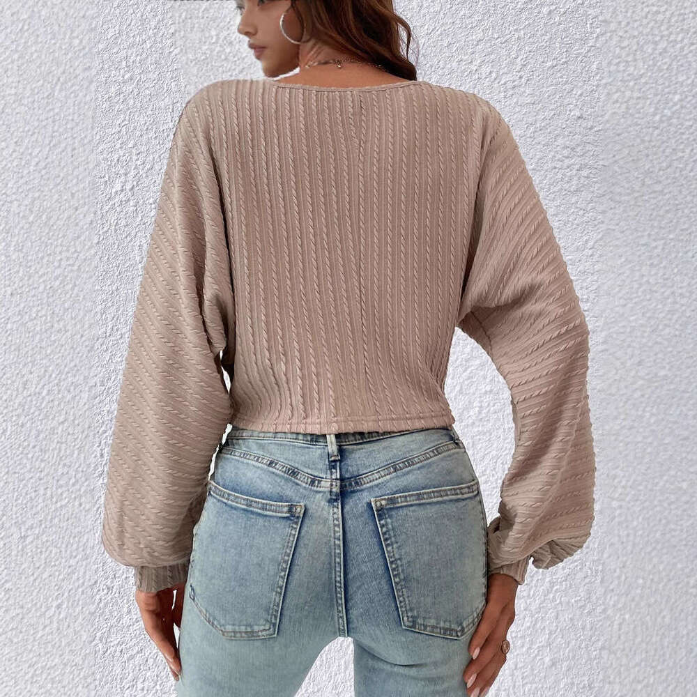 2024 European and American Front Chest Drawstring V-neck T-shirt Autumn/Winter Bat Sleeve Slim Short Open Umbilical Top