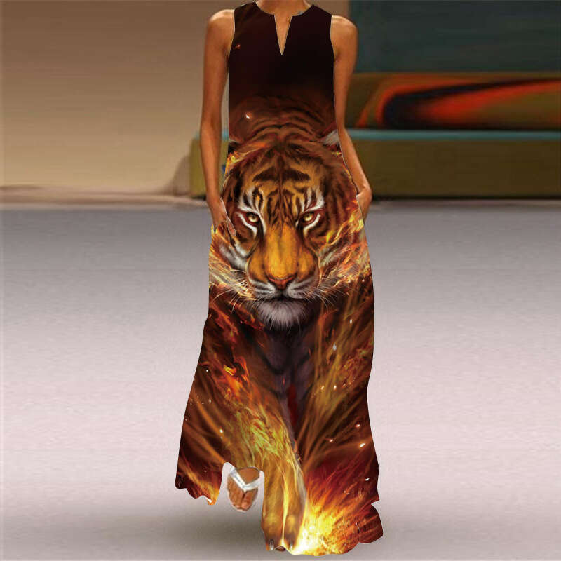 plug-in pocket European and American retro printed skirt V-neck multi-color long sexy sleeveless dress 2024 new casual versatile fashion clothing
