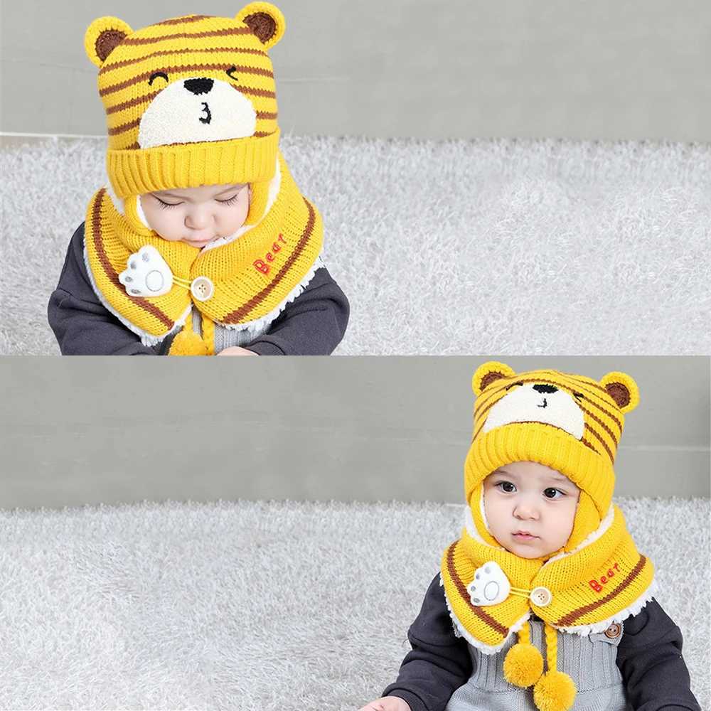 Autumn and Winter Baby Warm Knitted Hat with Pom Baby Bean Hat Animal Ear Protection Childrens Hat Boys and Girls Accessories W241213