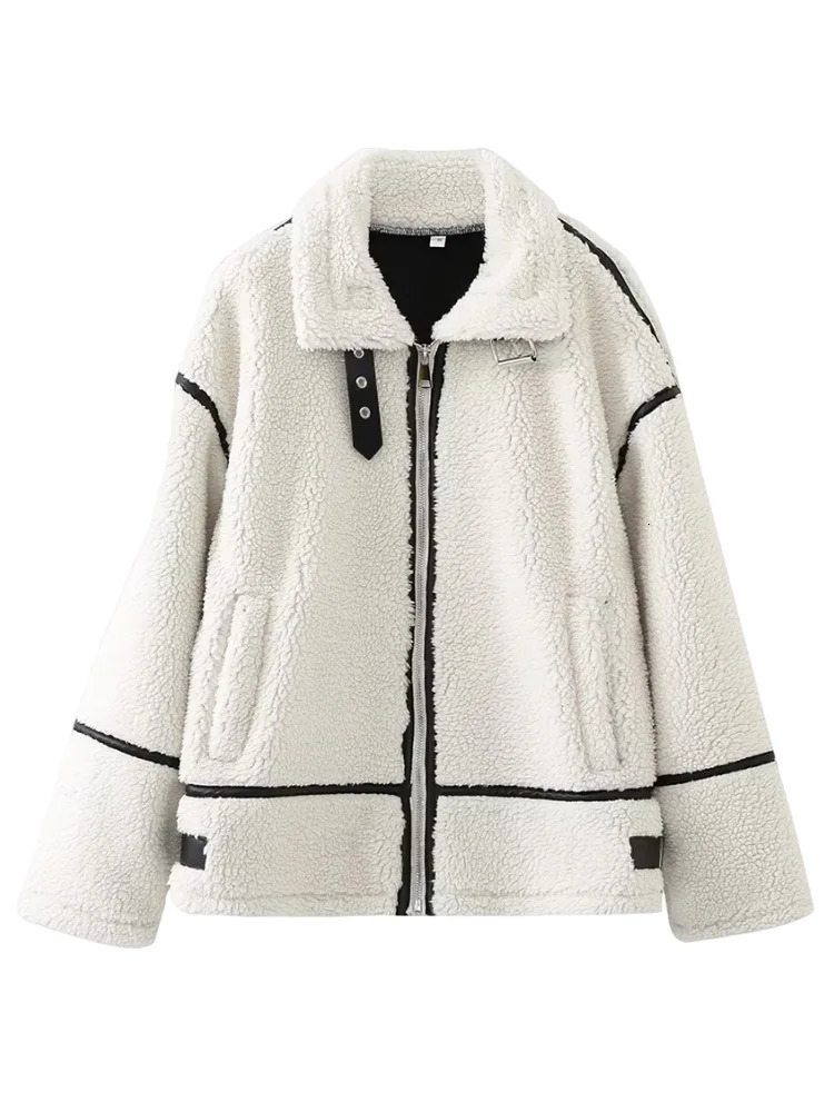 TRAF Womens Street Fashion Bicycle Jacket European and American Style Casual Fur One Piece Sheepskin Conflict Color Warm Coat 241210