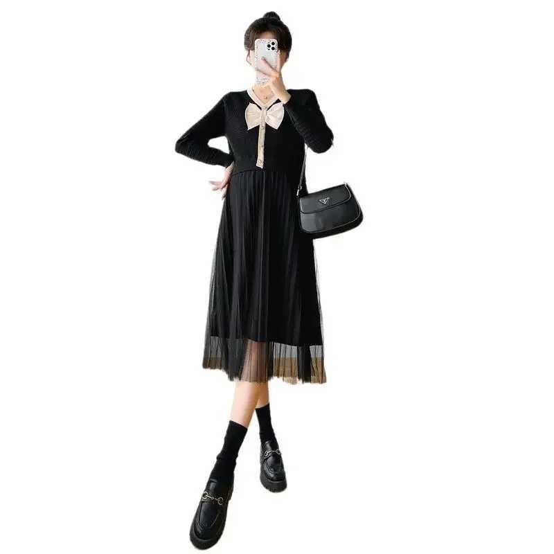 Elegant Pregnant Woman Knitting Dress Long Sleeve V-neck Mesh Patchwork Bowknot Materni Pleated Dress Autumn Pregnancy ClothesXJ241213