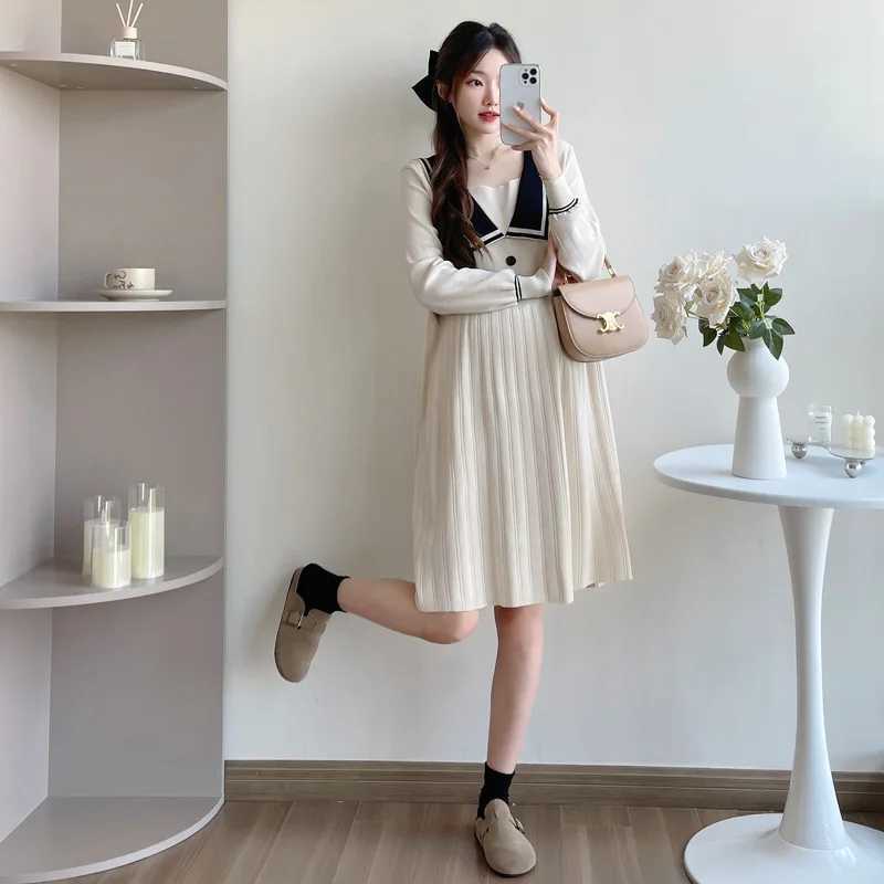 Fashion Materni Dress Autumn Winter Sailor Collar Clothes for Pregnant Women Elegance Pregnancy Loose Slimming Knitting DressXJ241213
