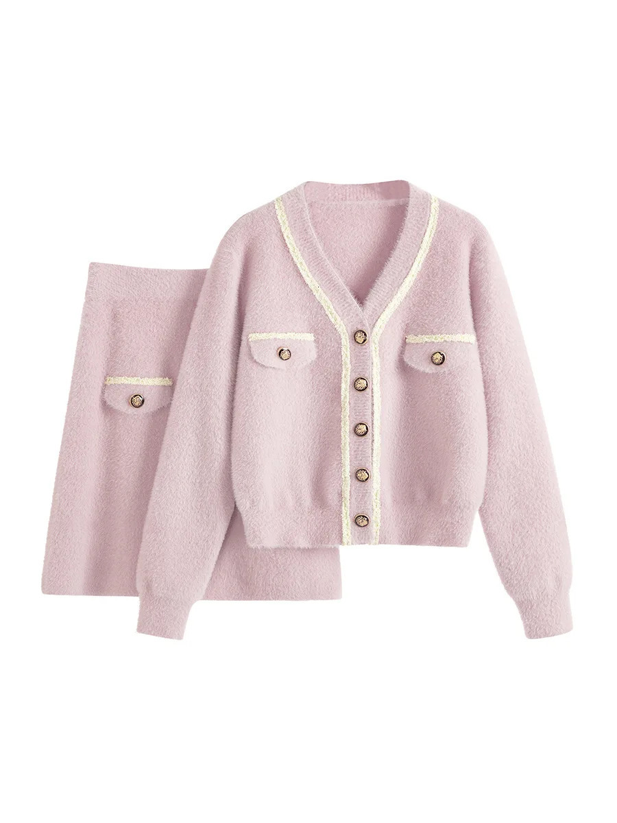 Pink Faux Mink Fur Knitted Two Piece Set Womens Outfits Sweet Single Breasted Sweater Cardgain Mini A Line Skirt Suits Female 241211