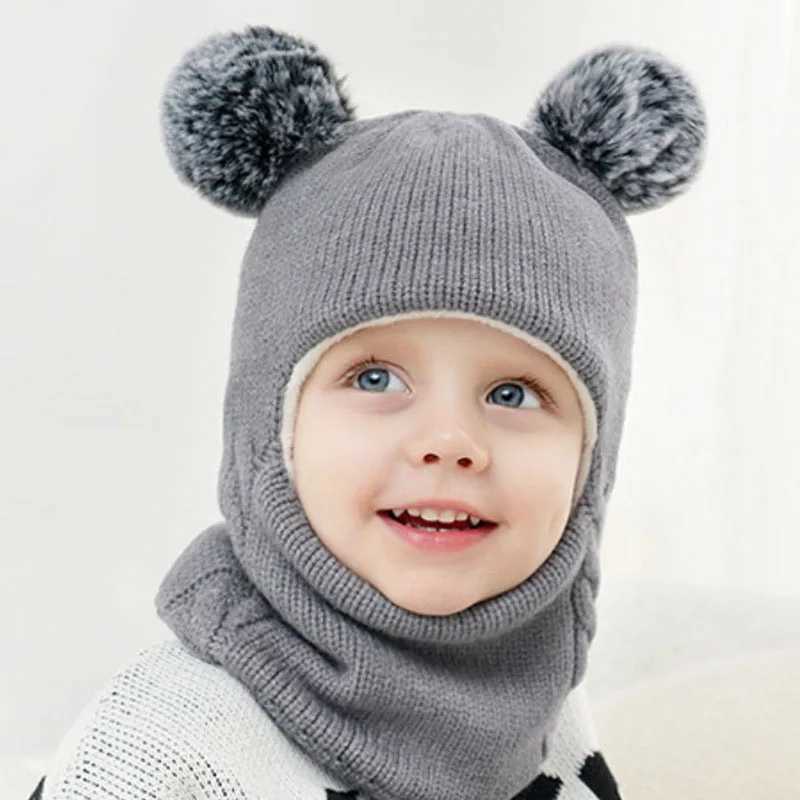 Winter Childrens Balaclava Hat Double Puff Knitted Bean Hat Baby Boys and Girls Warm Thick Wool Lining Childrens One Piece Hat Scarf W241213