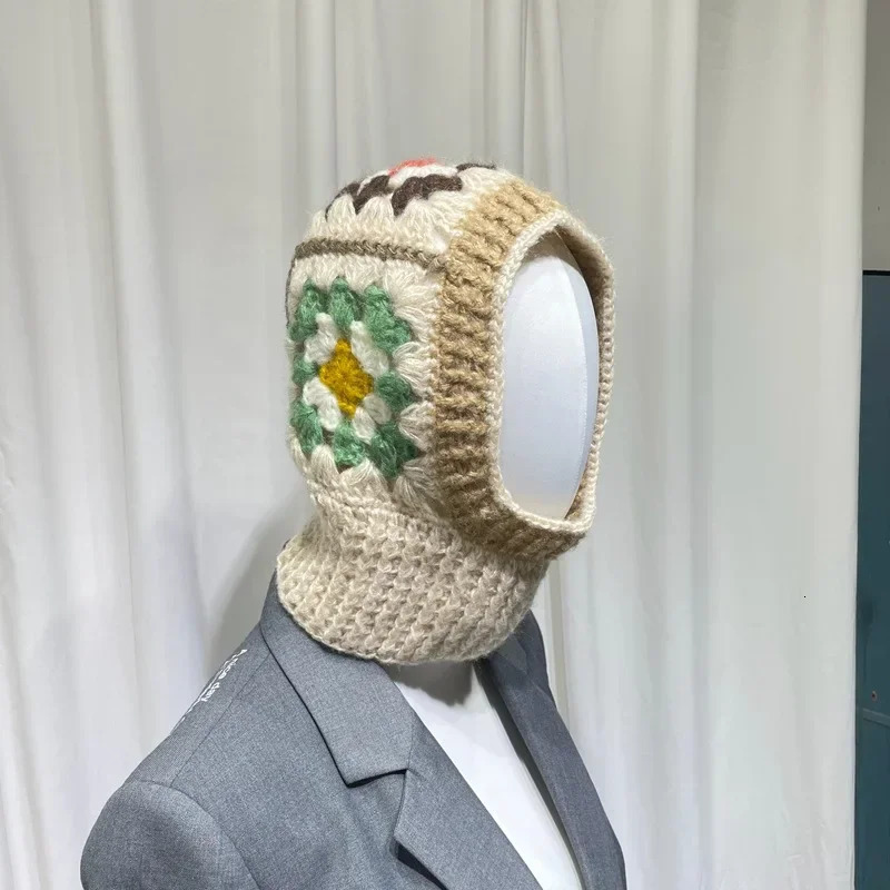 Handmade crocheted Balaclava womens hat autumn and winter wool knitted flower bean hat neck warm womens hat 241205