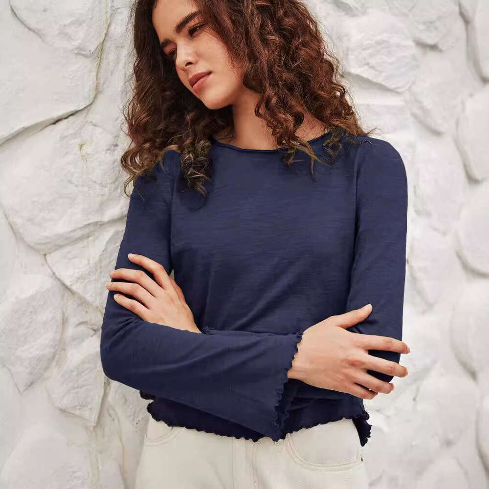 2024 early autumn top with European and American style round neck, black fungus edge flared sleeves, long sleeved knitted base shirt
