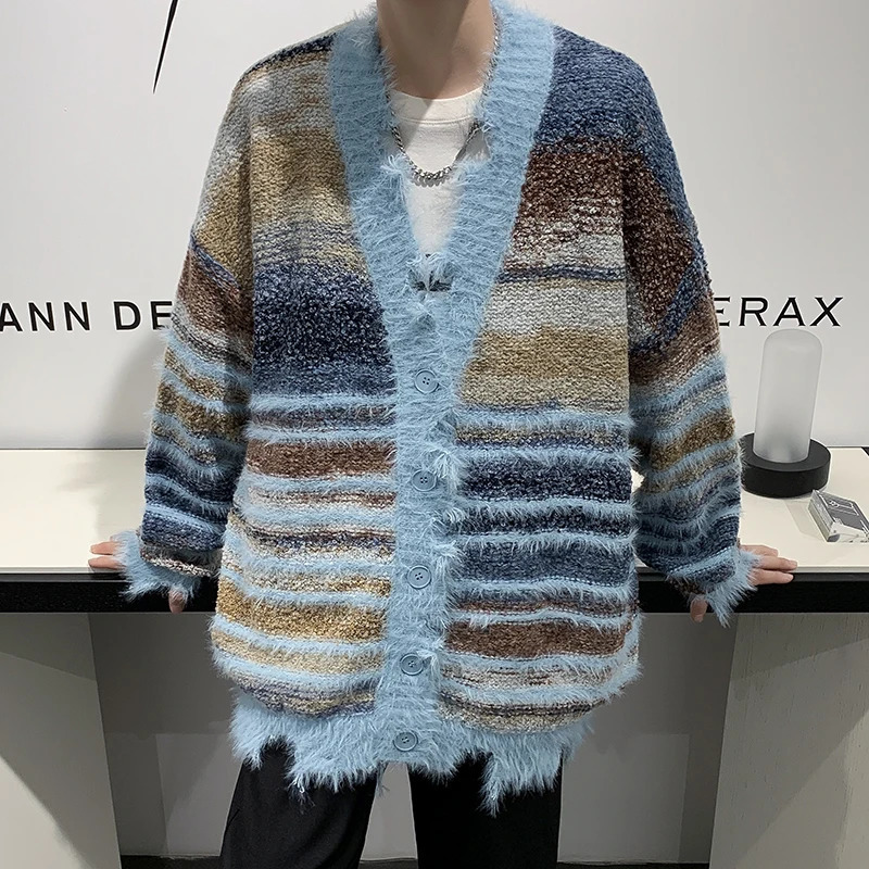 Autumn Japanese Loose Oversize Cardigan Sweater Male Korean Fashion Casual Contrast Color Mens Knit Winter Coats G106 241209