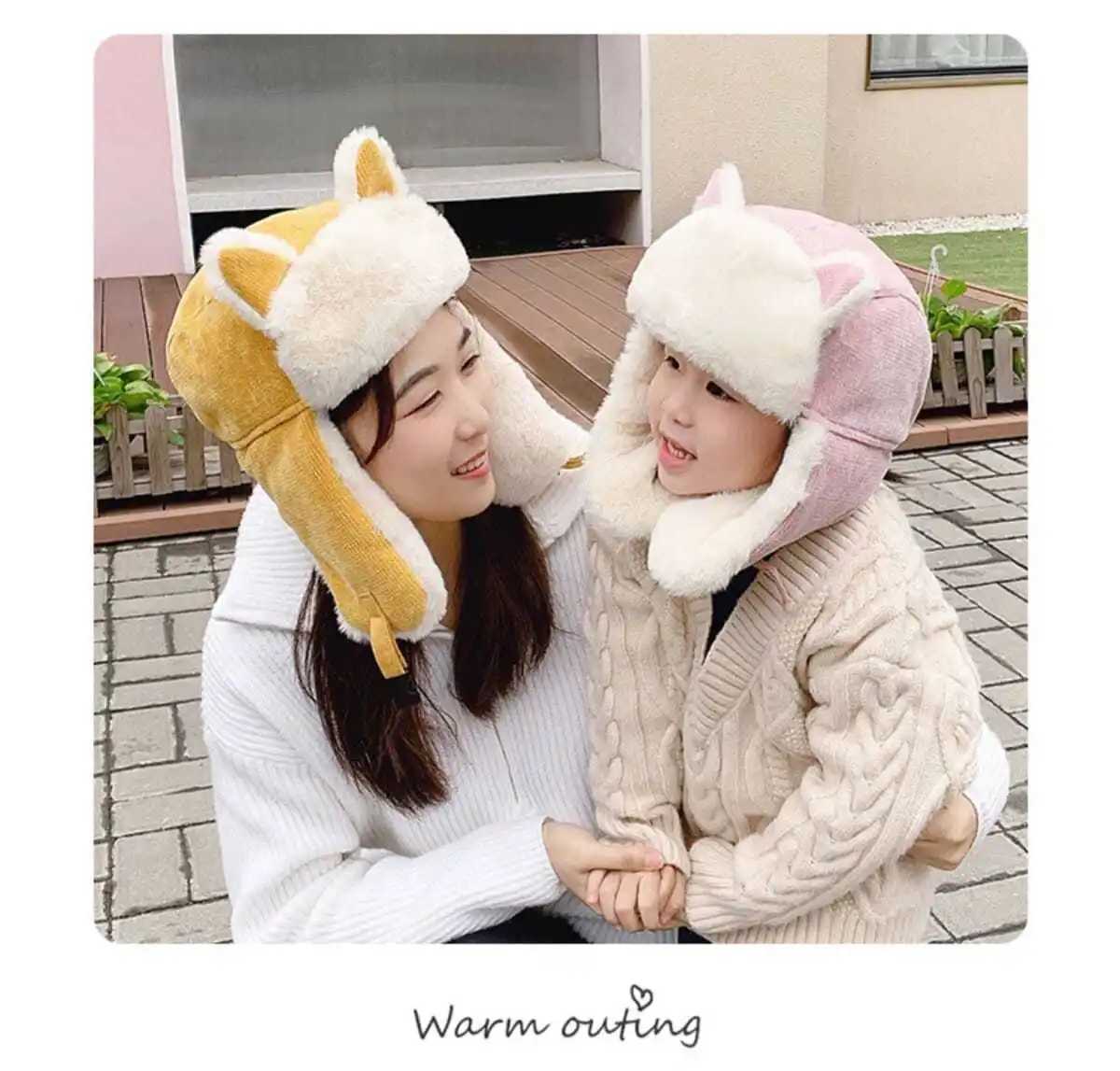 3-12Y Winter Childrens Hat Family Match Girl Boy Hat Artificial Fur Windproof Hat Womens Bomber Fur Flip Cover Ski Cavalry Trap W241213