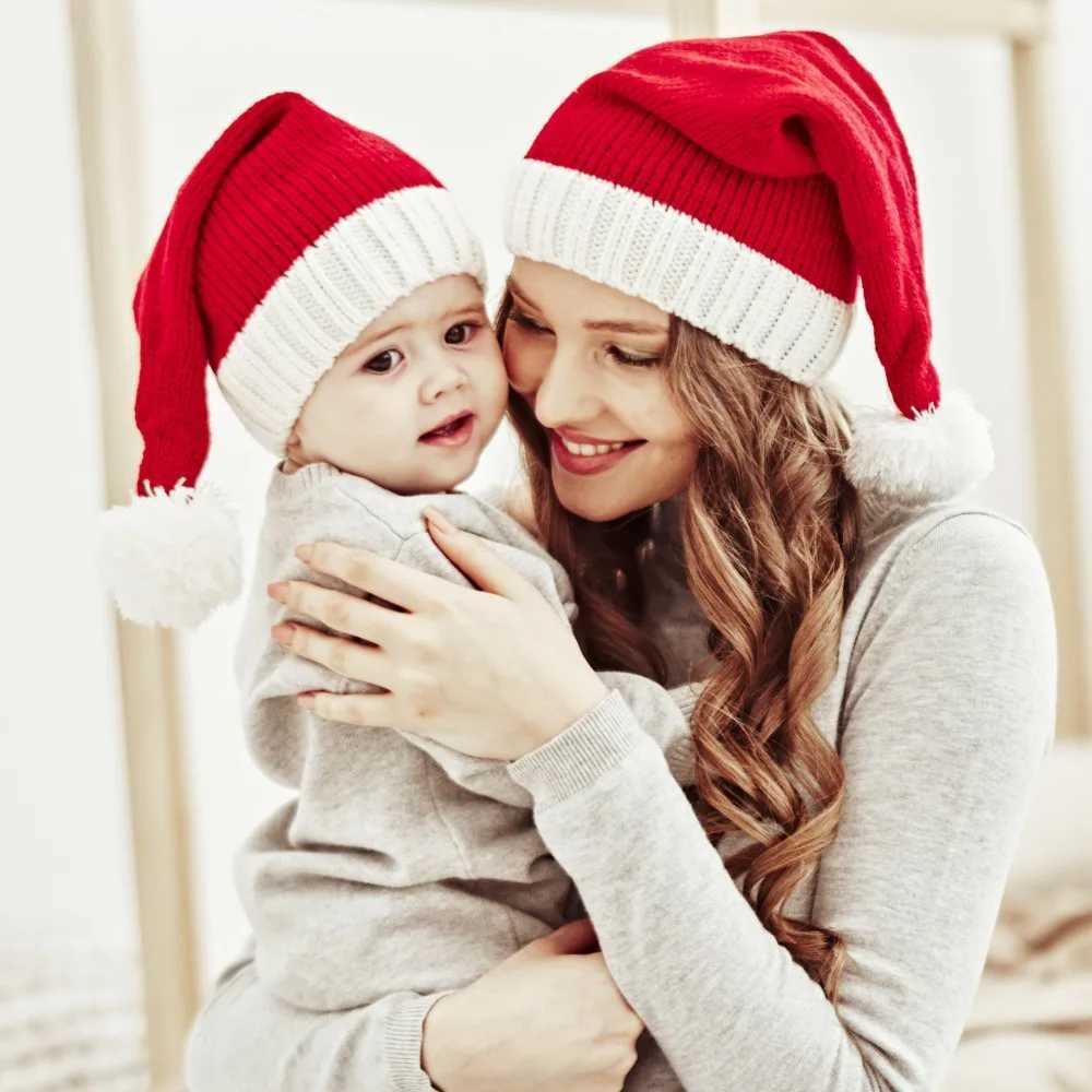 New Knitted Christmas Hat Cute Puff Adult Childrens Soft Pea Christmas Hat New Year Party Childrens Gift Navidad Natal Christmas Decoration W241213