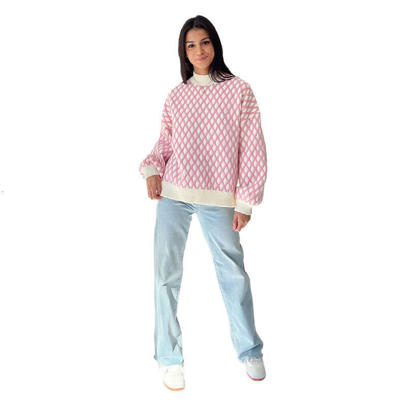 2024 autumn winter new European and American knitted top women's round neck plaid lantern sleeves loose pullover sweater for women