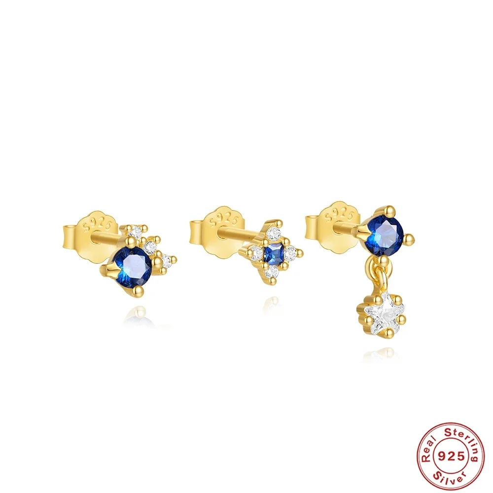 VAL Real 925 Sterling Silver 3PC INS Style Blue Zircon Stud Earrings Pierced Womens Earring Party Boutique Fine Jewelry Set 241214