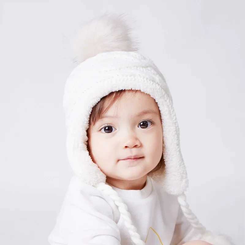 Baby girl warm hat 1-8 year old Pom hat red white pink winter knitted ear protection Beanies childrens accessories W241213