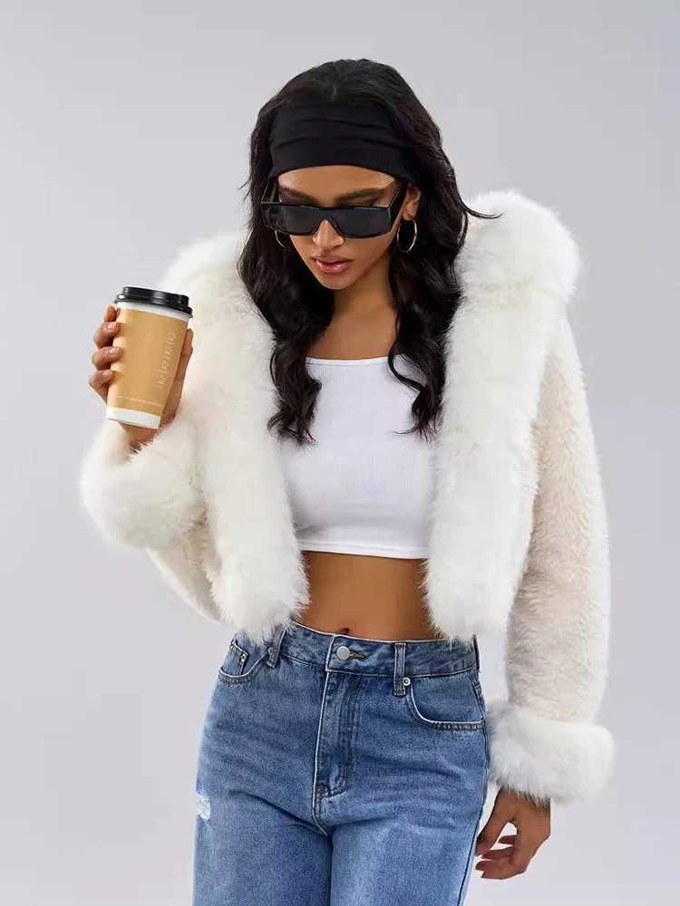 DEAT Fashion Womens faux fur coat hooded long Slves white imitation mink thick short jacket 2024 winter trendy 7AB5115 X241214