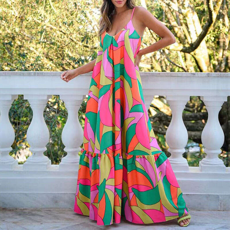 Summer European And American Foreign Trade New Commuting French Long Skirt Deep V-Neck Bareback Strap Style Printed Dress