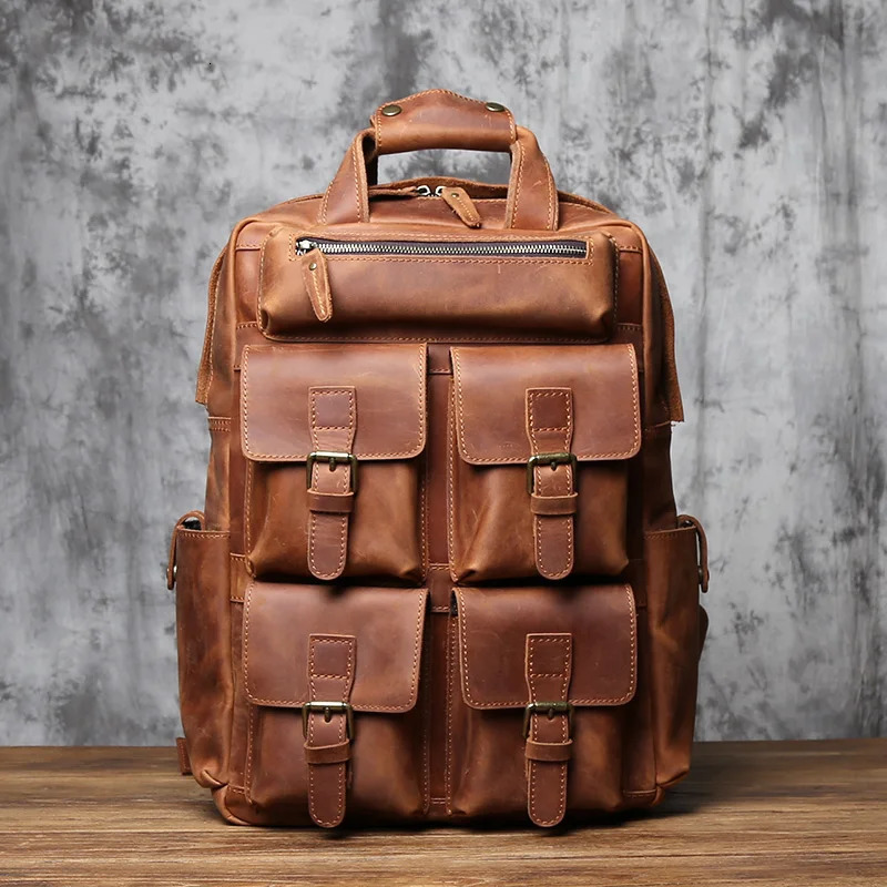 NZPJ Retro Genuine Leather Mens Backpack Natural Cowboy Backpack Large Capacity Computer Bag Crazy Horse Leather Backpack 241210