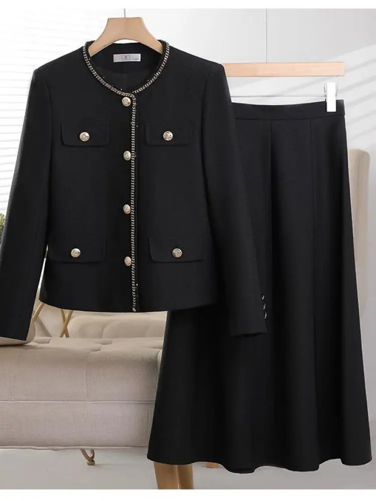 Women Autumn Winter Suit French Elegant Goddess Fashion Button Blazer Coat And High Waist Long Skirt Two Piece Set Chic 241211