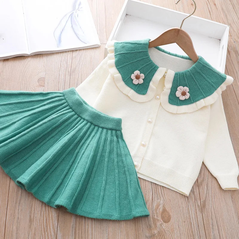 Baby Girls Sweater Set Autumn Winter Tricolor Fruit Sweater Pleated Skirt Two-piece with Free Bag Toddler Girls Knitted Clothes 241213