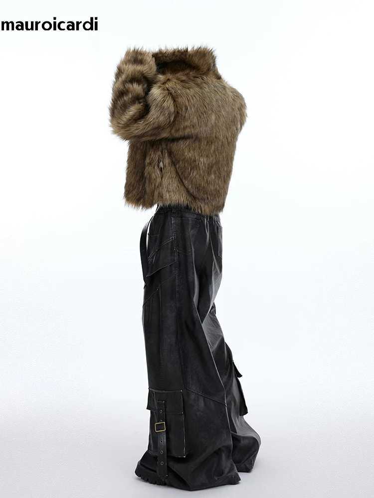 Mauroicardi winter short thick warm brown fur soft faux fur coat for men with a long sleeved fluffy jacket with a collar W241213