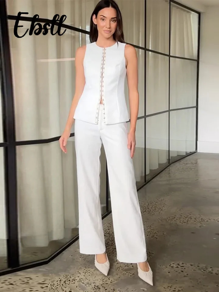 Solid Office Trousers Set Women Oneck Sleeveless Single Breasted Slim Vest High Waist Straight Pant 2024 Fashion Lady Outfit 241203