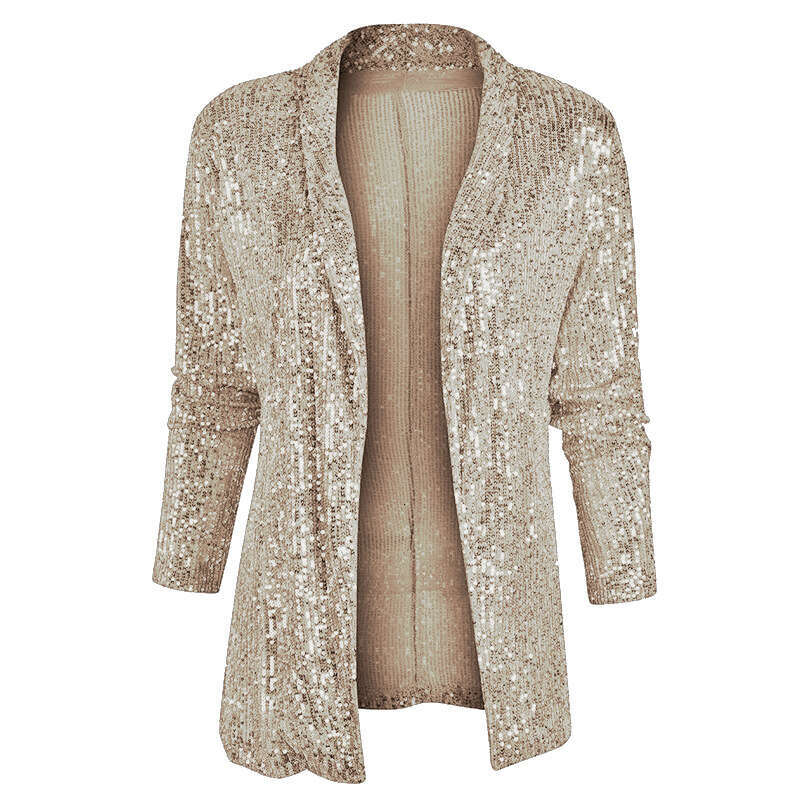 Spring New European And American Sequin Sleeved Temperament, Medium To Long Style Small Suit, Lapel Color Jacket For Women