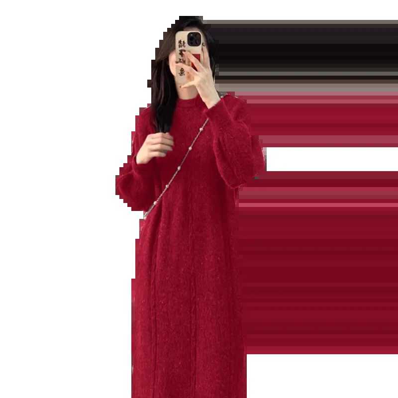 Autumn Winter Luxury Materni Fishtail Dress Thick Warm Long Sleeve O-neck Pregnant Woman Knitted Dress New Year Par ClothesXJ241213