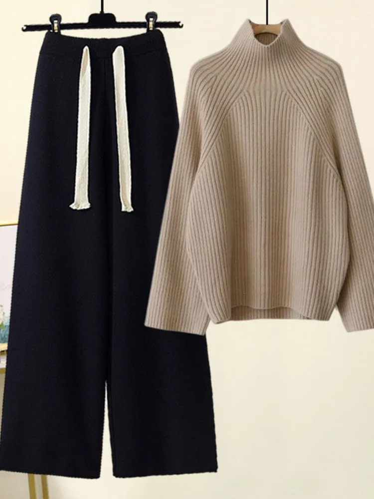 Winter Warm Knitwears Sets For Women Turtleneck Long Sleeve Pullover Sweaterhigh Waist Wide Leg Drawstring Knitted Pants 241203