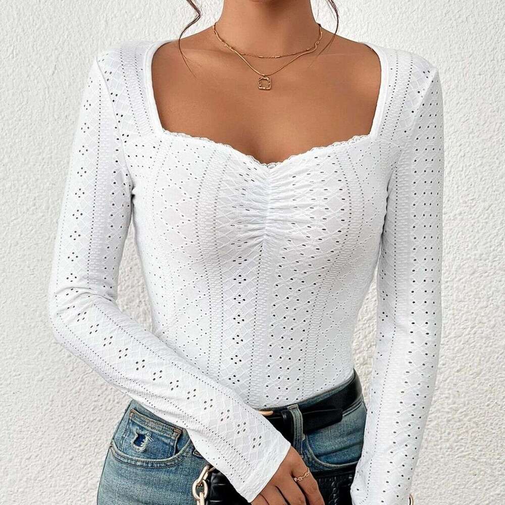 2023 European and American new French sweetheart collar embroidered eyelets pleated bust lace decorative T-shirt for women