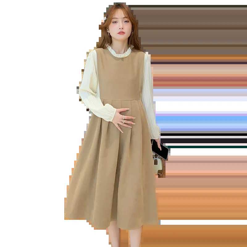 Pregnant Womens Clothing for Autumn Block Color Patchwork Long Sleeve Ruffle Collar Materni Pleated Dress Office Lady ClothesXJ241213