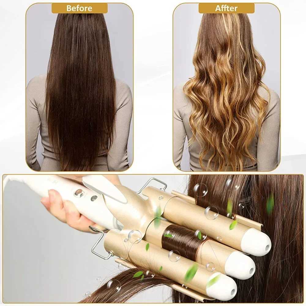 Hair Curler Anti Scalding 3 Barrel Curling Iron Wand Dual Voltage Ceramic Hair Waver Crimper Instant Curls Styling Hair Brush W241214