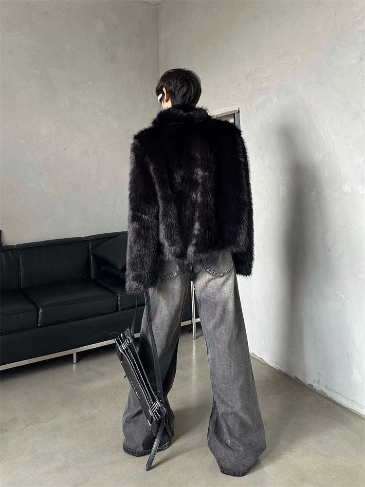Fashionable mink short jacket loose high-end retro faux fur mens 2024 autumn new item vertical collar black long sleeved fashionable jacket top W24121