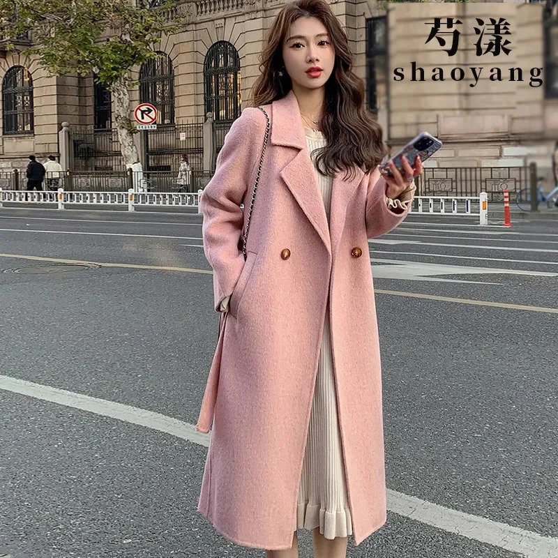 Black Double sided wool Coat Womens Autumn Winter Korean version Loose Lace up Woolen Coats Female Slim Long Overcoat 241214