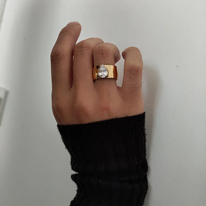 Waterdrop cz stone wide band rings stainless steel rings for women simple minimalist stainless steel jewelry waterproof 241214