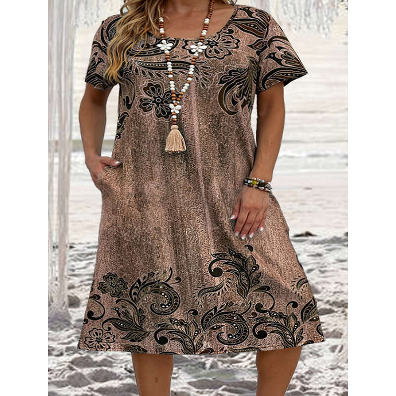 Large size women's loose 3D printed pocket dress 2024 new style chic and elegant clothing